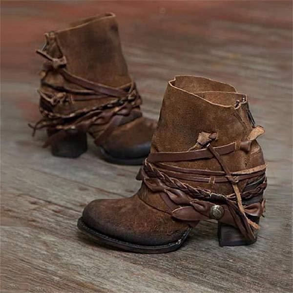 Botki Damskie na Grubym Obcasie w Stylu Vintage